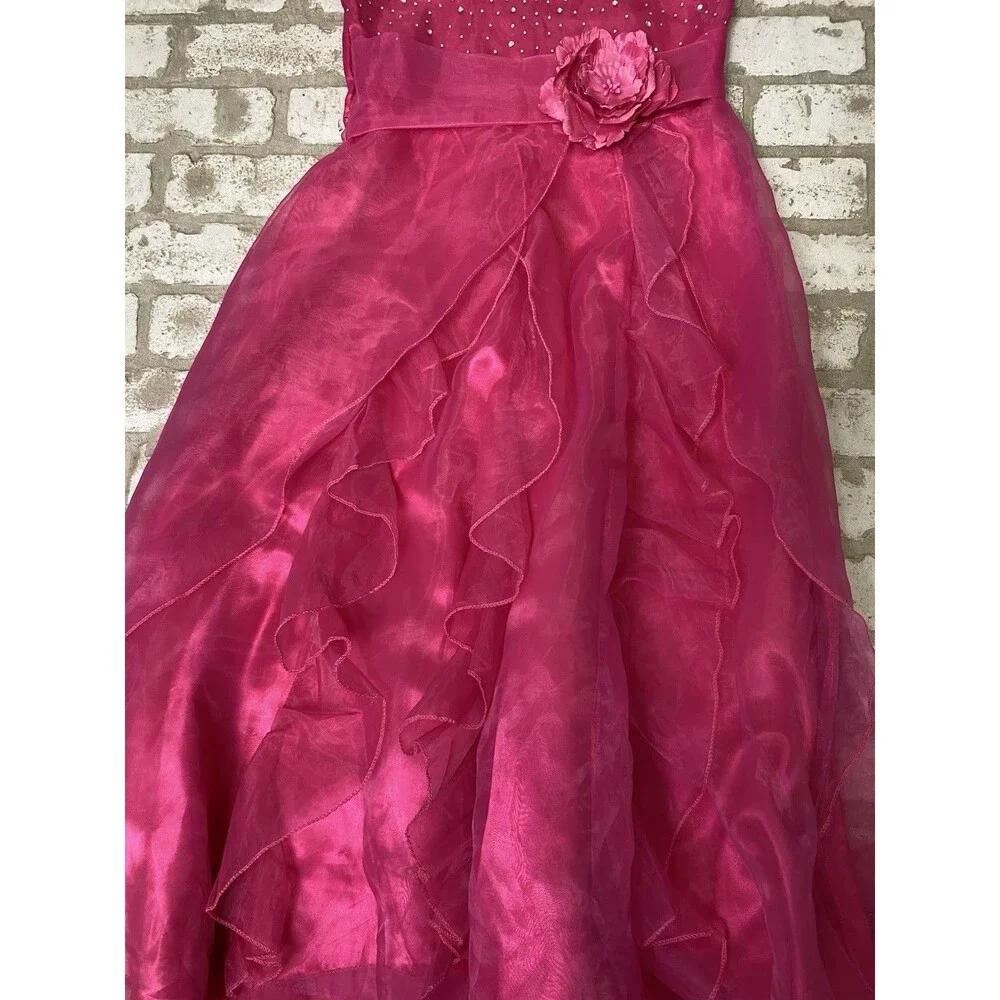 iEFIEL Girls Fuchsia Pink Rhinestone Organza Flower Dress size 10
